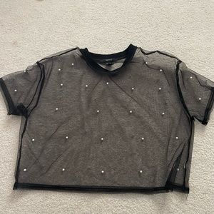 Forever 21 Cropped Black Sheer Pearl Top - Small